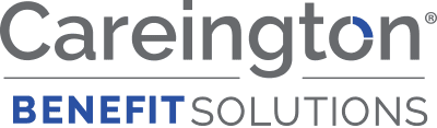 Careington Benefit Solutions logo with Careington in gray and BENEFIT SOLUTIONS in blue and gray below it. The dot over the “i” in Careington features a blue semi-circle design.