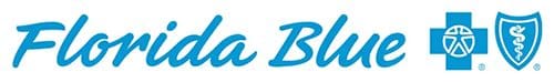 The Florida Blue logo features the words Florida Blue in blue script, followed by the Blue Cross and Blue Shield logos, each in blue with distinctive white icons.