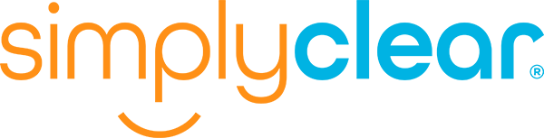 The logo features the word simplyclear in lowercase letters; simply is orange, clear is blue, and the ply forms a smiley face with an orange curved line beneath it.